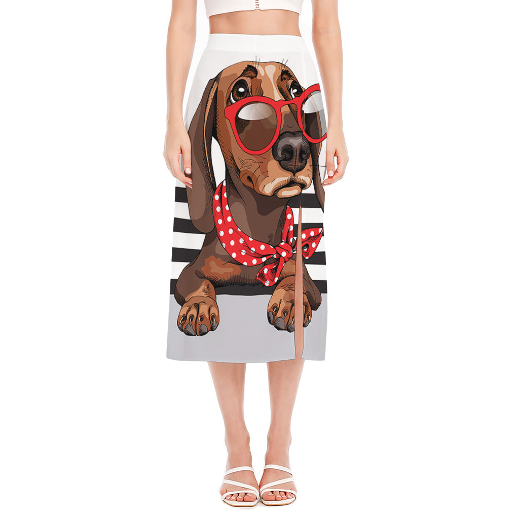 Dachshund With Red Sunglasses Print Side Slit Midi Skirt