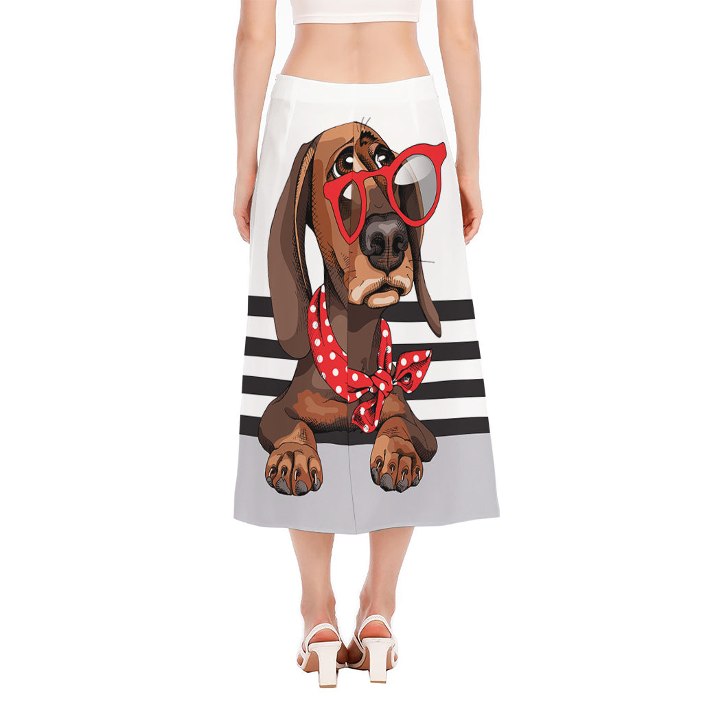 Dachshund With Red Sunglasses Print Side Slit Midi Skirt