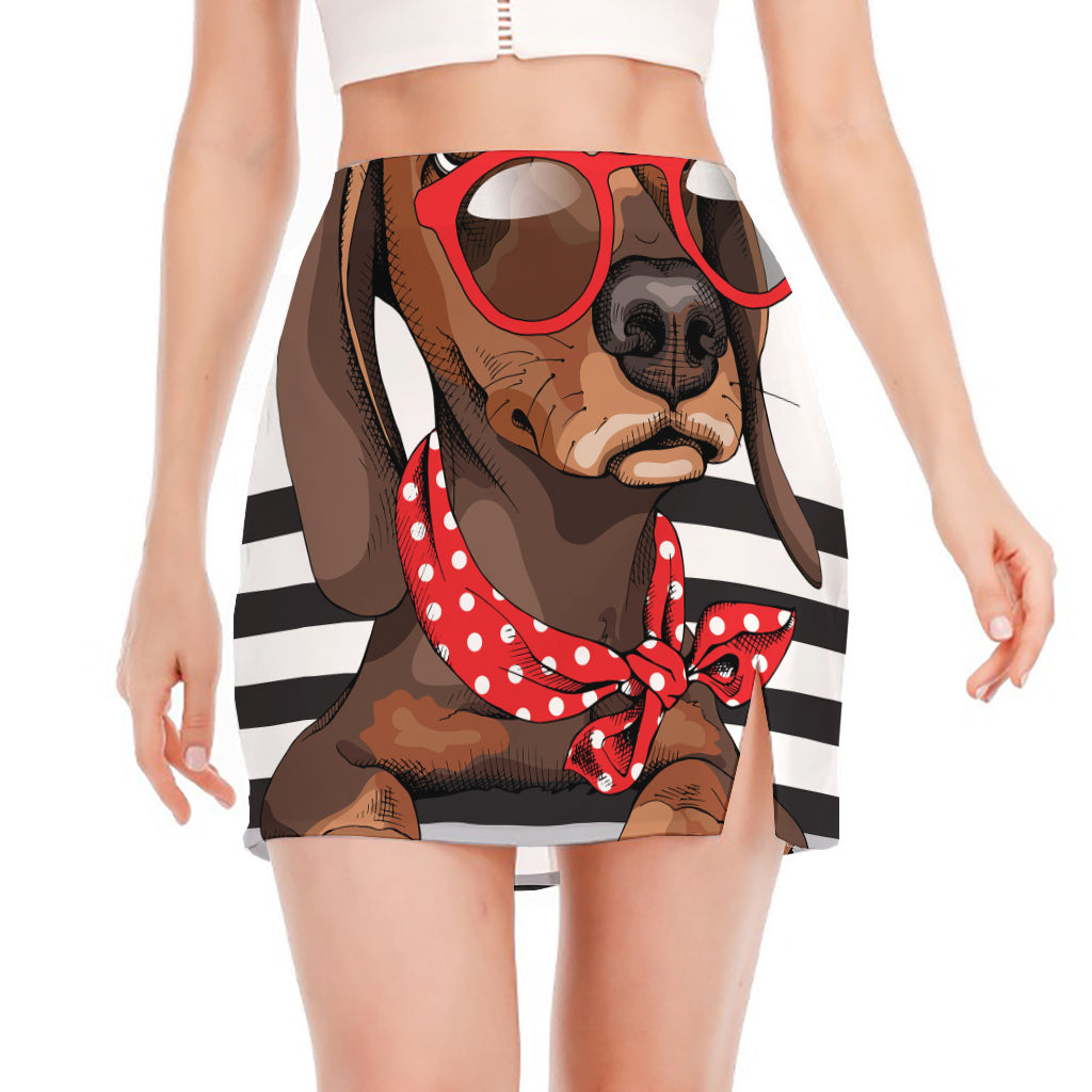 Dachshund With Red Sunglasses Print Side Slit Mini Skirt