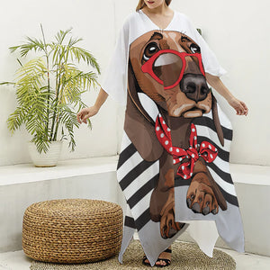 Dachshund With Red Sunglasses Print Silk V-Neck Kaftan Dress