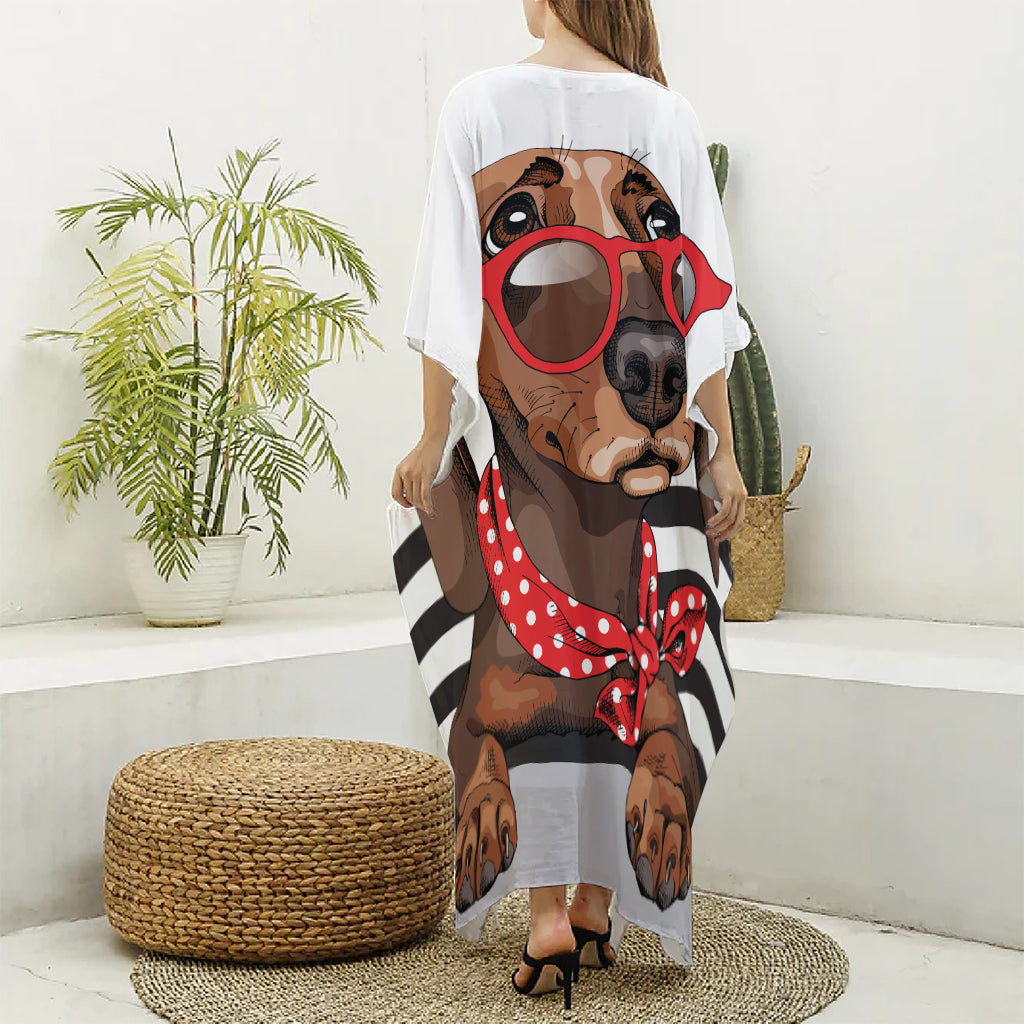 Dachshund With Red Sunglasses Print Silk V-Neck Kaftan Dress