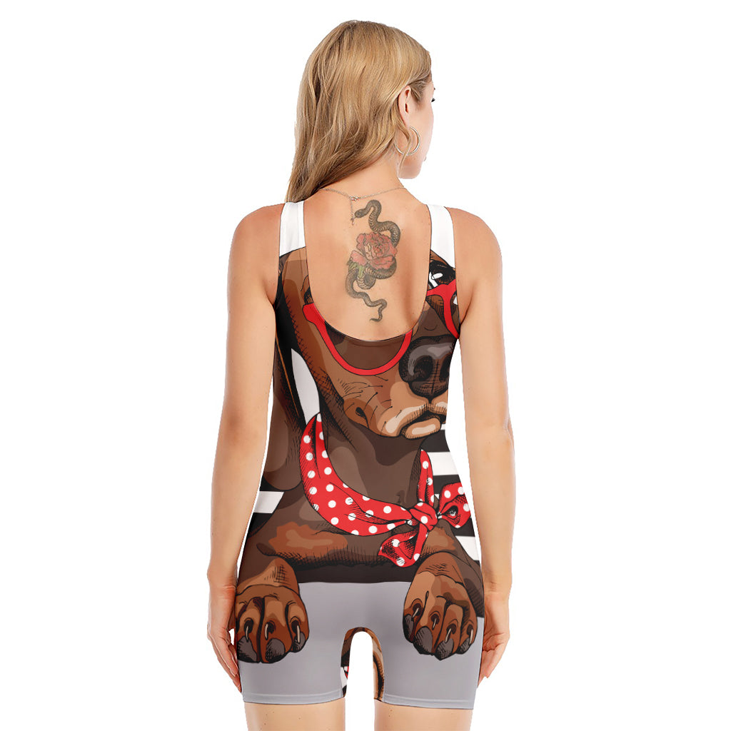 Dachshund With Red Sunglasses Print Sleeveless One Piece Swimsuit