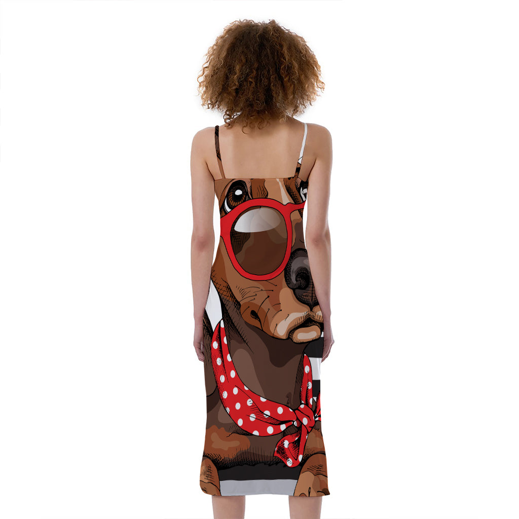 Dachshund With Red Sunglasses Print Slim Fit Midi Cami Dress