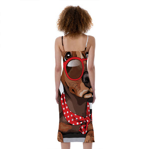 Dachshund With Red Sunglasses Print Slim Fit Midi Cami Dress