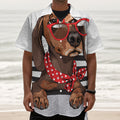 Dachshund With Red Sunglasses Print Textured Short Sleeve Shirt