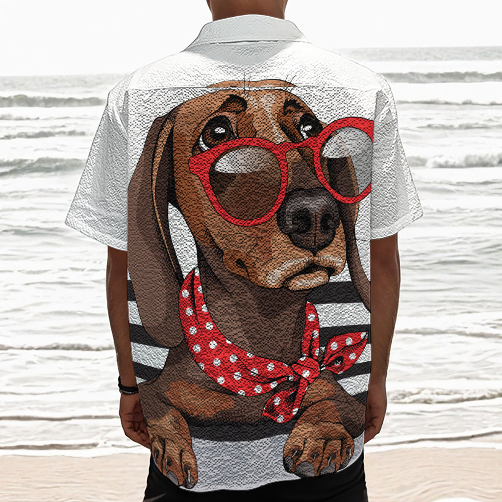 Dachshund With Red Sunglasses Print Textured Short Sleeve Shirt