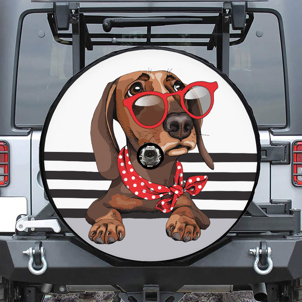 Dachshund With Red Sunglasses Print Tire Cover With Camera Hole