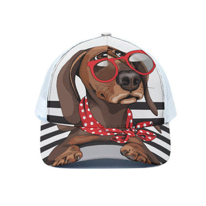 Dachshund With Red Sunglasses Print White Mesh Trucker Cap