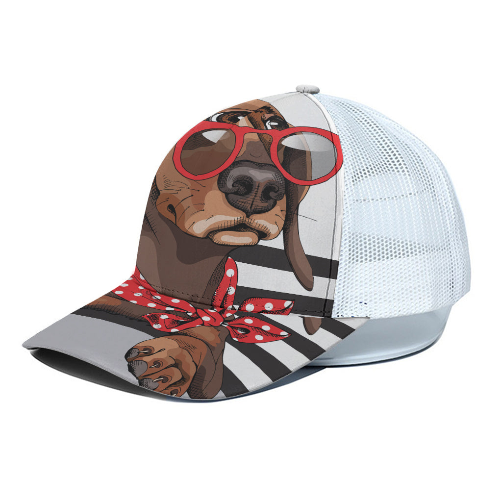 Dachshund With Red Sunglasses Print White Mesh Trucker Cap