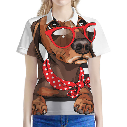 Dachshund With Red Sunglasses Print Women's Polo Shirt