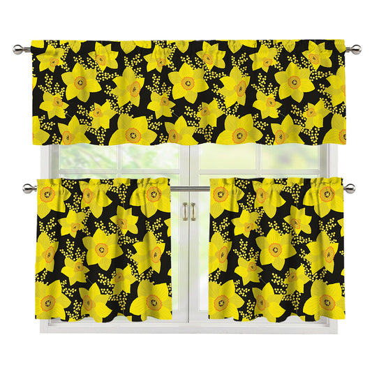 Daffodil And Mimosa Pattern Print 3 Piece Kitchen Curtains