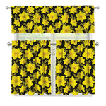 Daffodil And Mimosa Pattern Print 3 Piece Kitchen Curtains