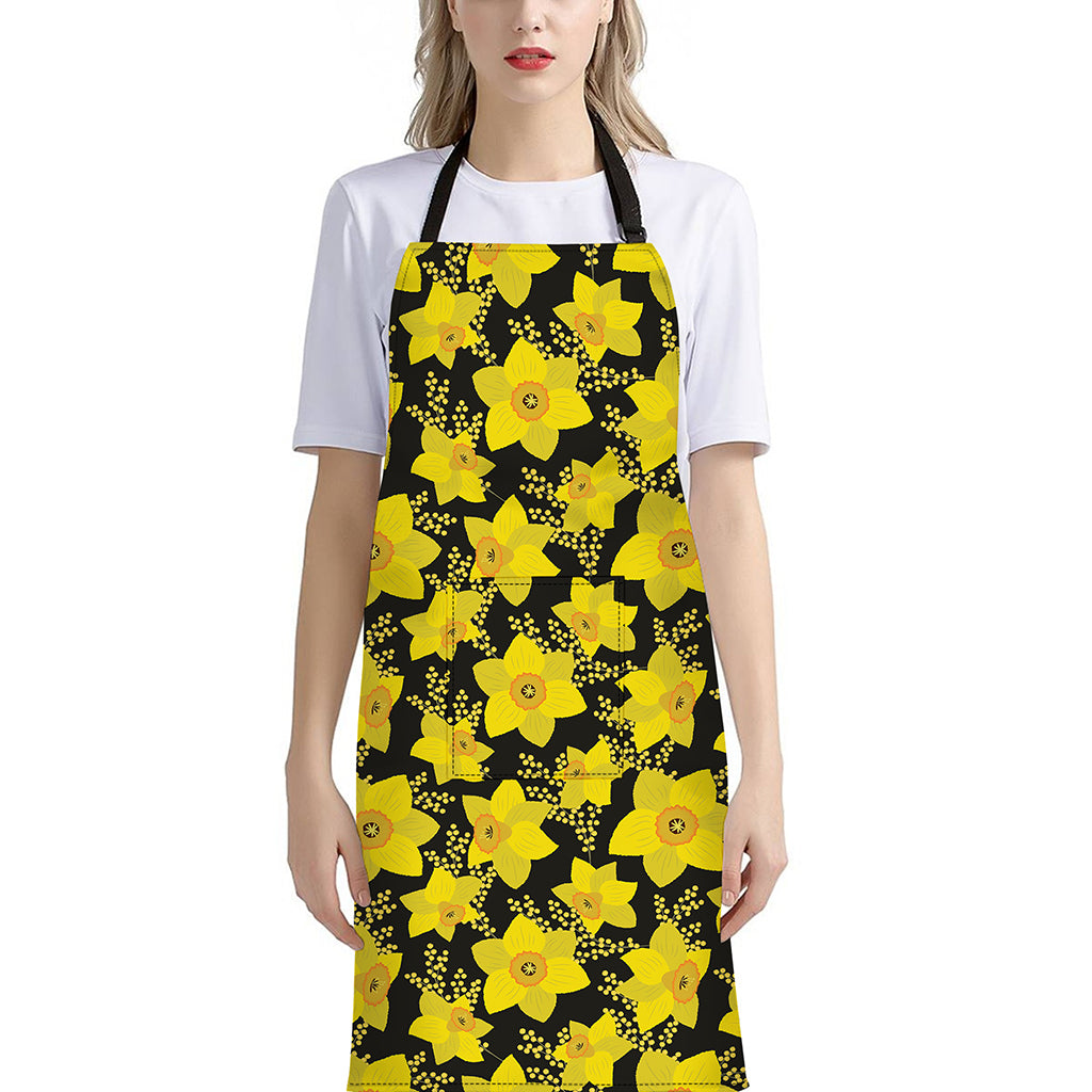 Daffodil And Mimosa Pattern Print Bib Apron With Pocket
