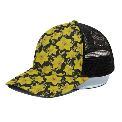 Daffodil And Mimosa Pattern Print Black Mesh Trucker Cap