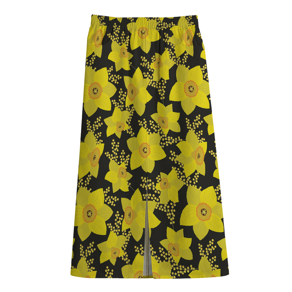 Daffodil And Mimosa Pattern Print Cotton Front Slit Maxi Skirt