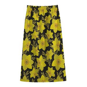 Daffodil And Mimosa Pattern Print Cotton Front Slit Maxi Skirt