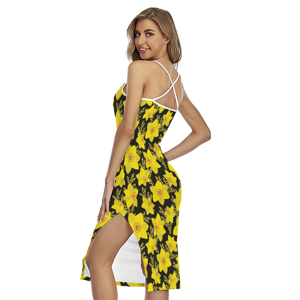 Daffodil And Mimosa Pattern Print Cross Back Cami Dress