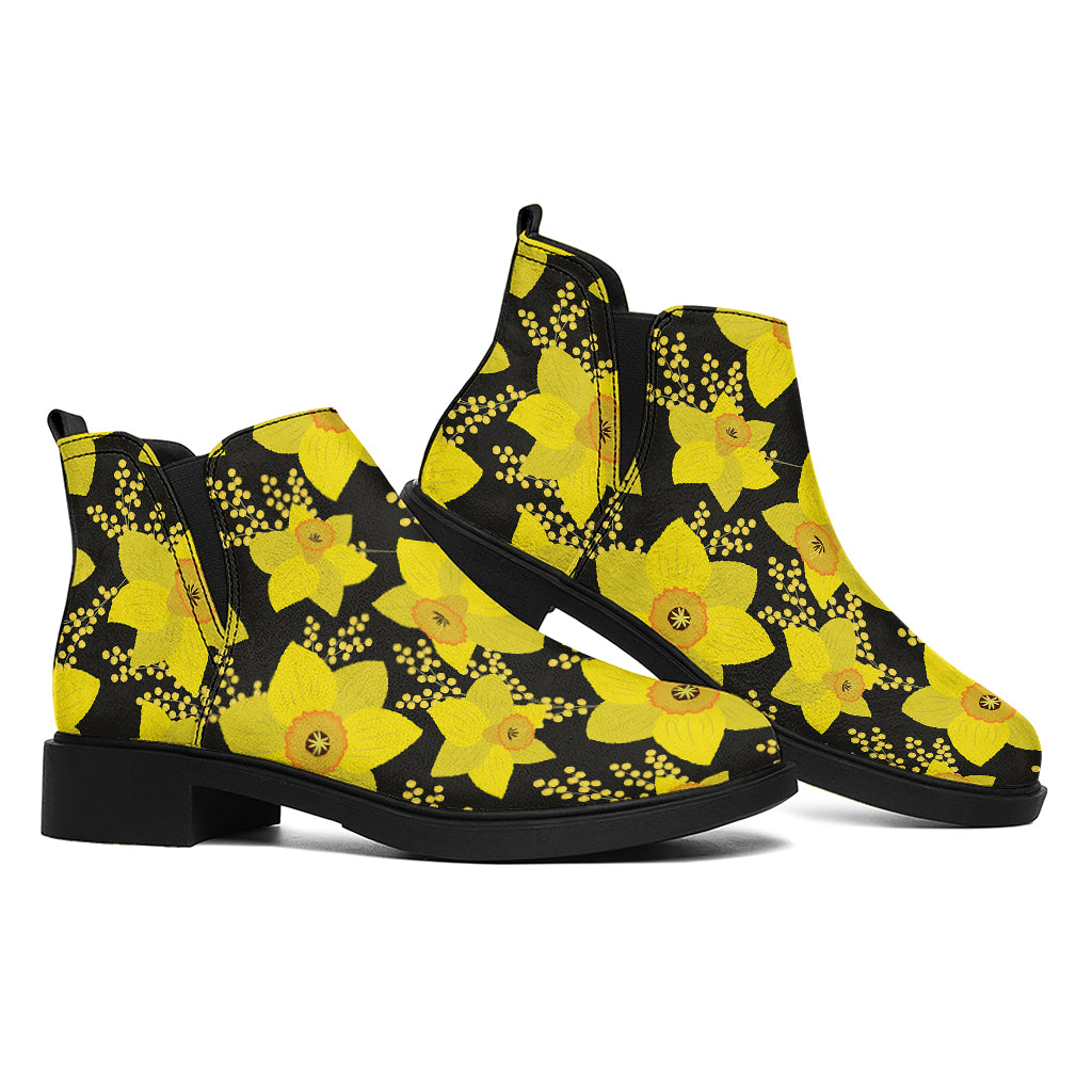 Daffodil And Mimosa Pattern Print Flat Ankle Boots