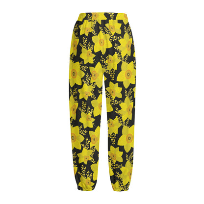 Daffodil And Mimosa Pattern Print Fleece Lined Knit Pants