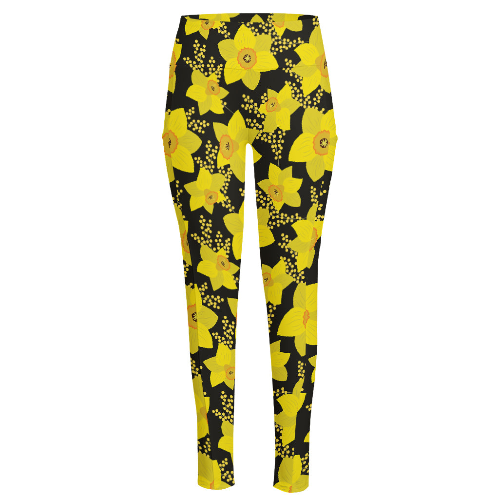 Daffodil And Mimosa Pattern Print High-Waisted Pocket Leggings