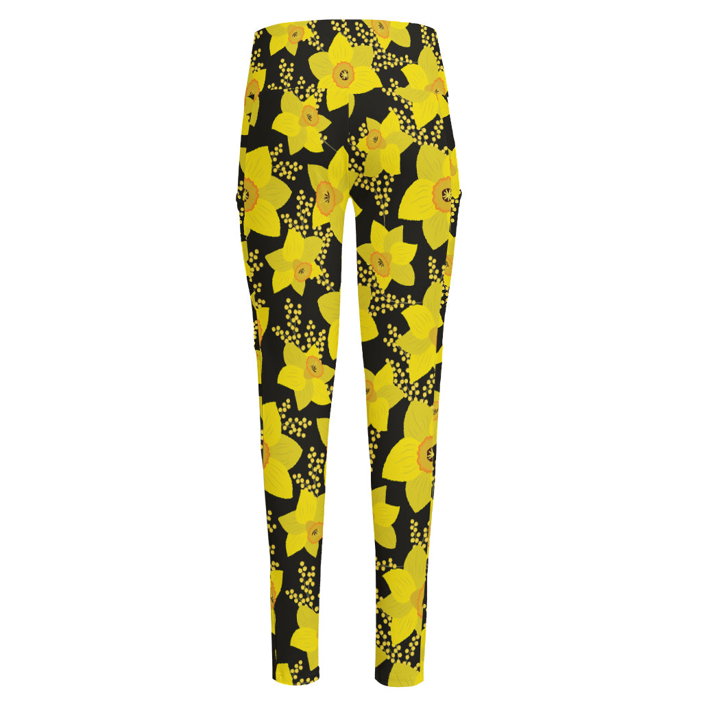 Daffodil And Mimosa Pattern Print High-Waisted Pocket Leggings