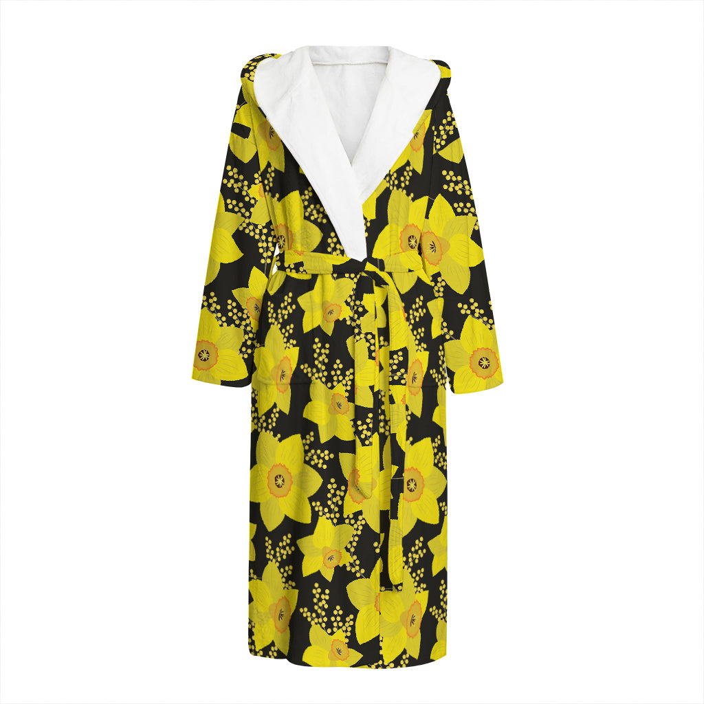 Daffodil And Mimosa Pattern Print Hooded Bathrobe