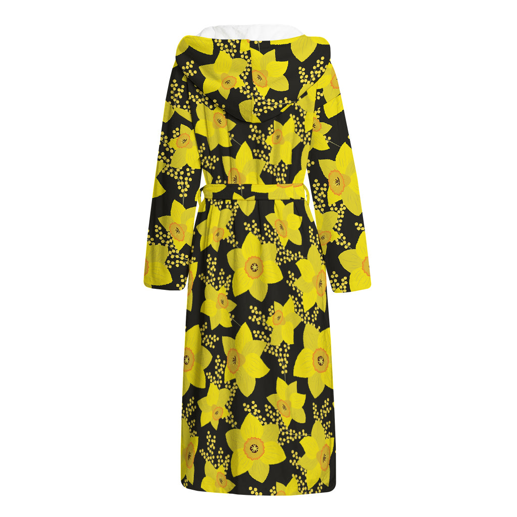 Daffodil And Mimosa Pattern Print Hooded Bathrobe