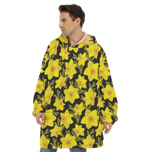 Daffodil And Mimosa Pattern Print Hoodie Blanket
