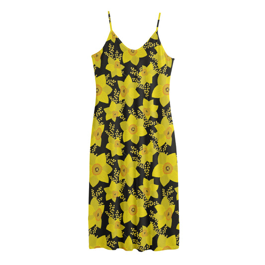 Daffodil And Mimosa Pattern Print Jersey Midi Cami Dress