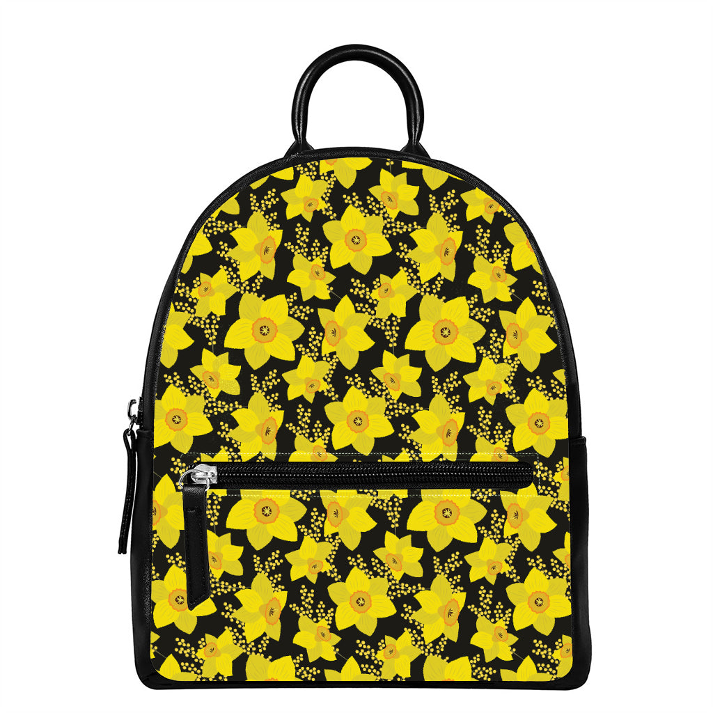 Daffodil And Mimosa Pattern Print Leather Backpack