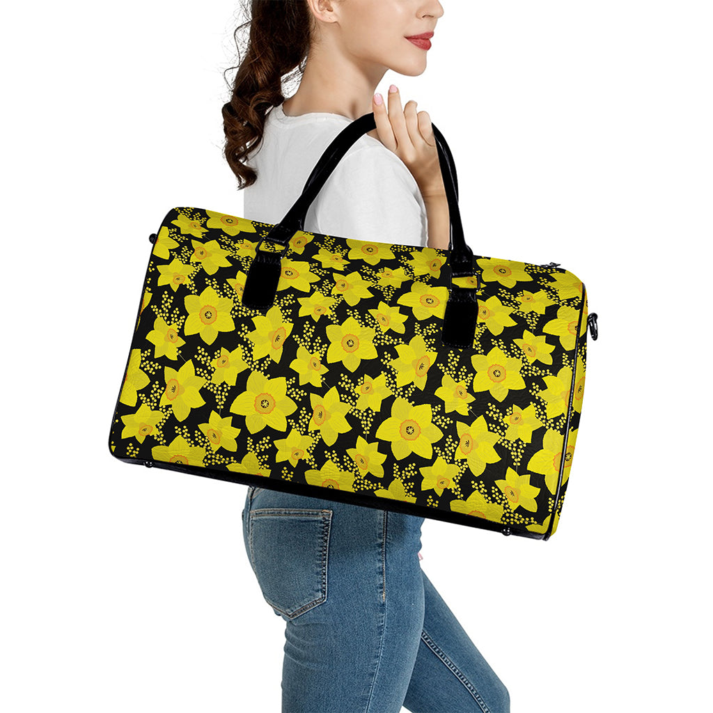 Daffodil And Mimosa Pattern Print Leather Duffle Bag