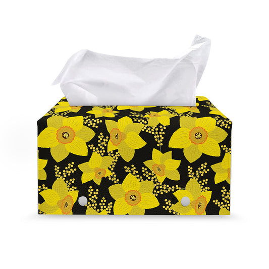 Daffodil And Mimosa Pattern Print Leather Tissue Box Cover