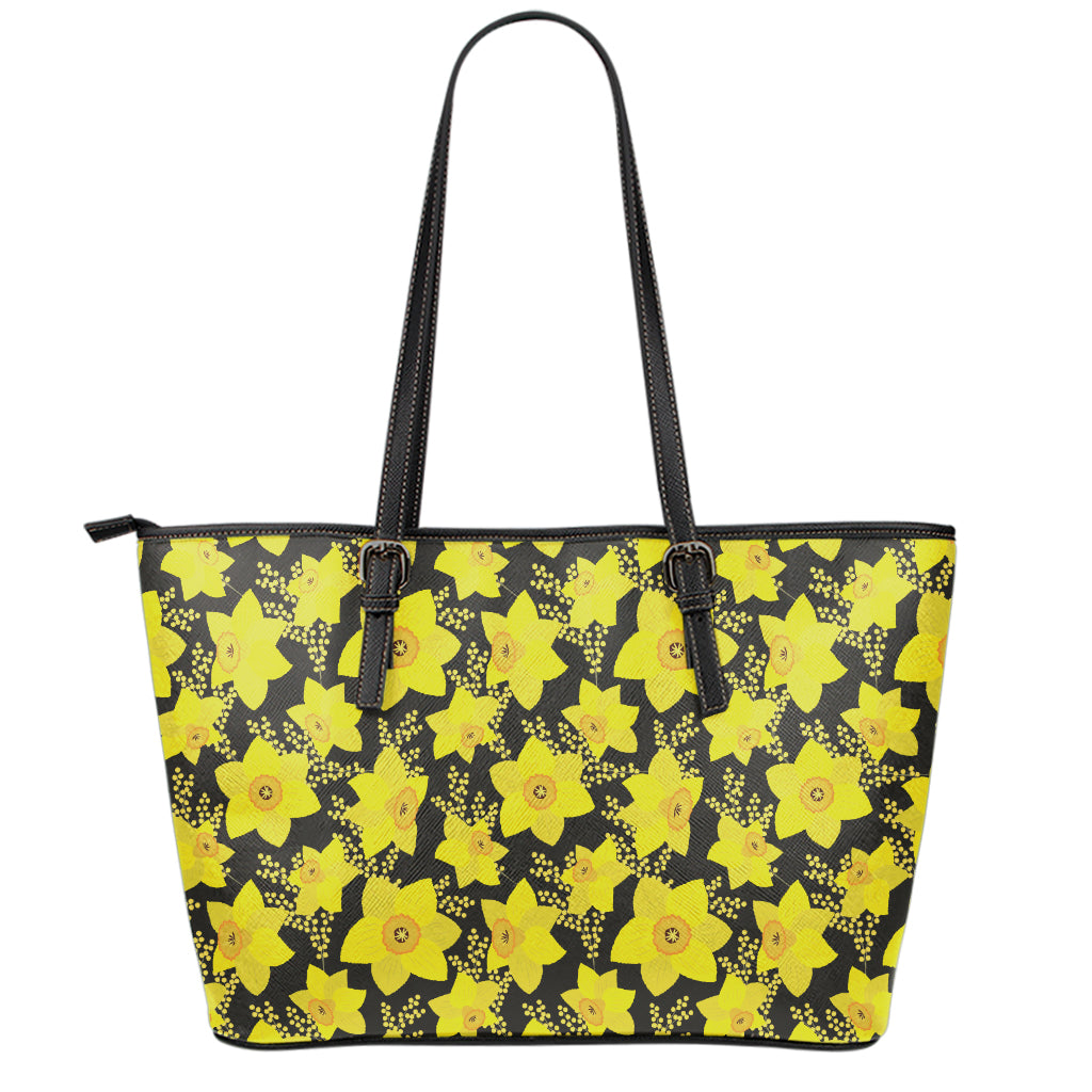 Daffodil And Mimosa Pattern Print Leather Tote Bag