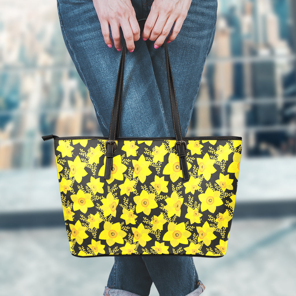 Daffodil And Mimosa Pattern Print Leather Tote Bag