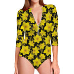 Daffodil And Mimosa Pattern Print Long Sleeve Swimsuit