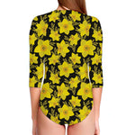 Daffodil And Mimosa Pattern Print Long Sleeve Swimsuit