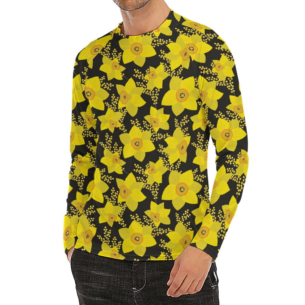 Daffodil And Mimosa Pattern Print Men's Long Sleeve Rash Guard