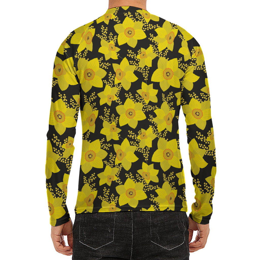 Daffodil And Mimosa Pattern Print Men's Long Sleeve Rash Guard
