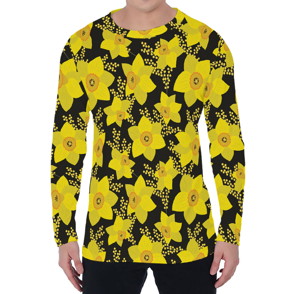 Daffodil And Mimosa Pattern Print Men's Long Sleeve T-Shirt