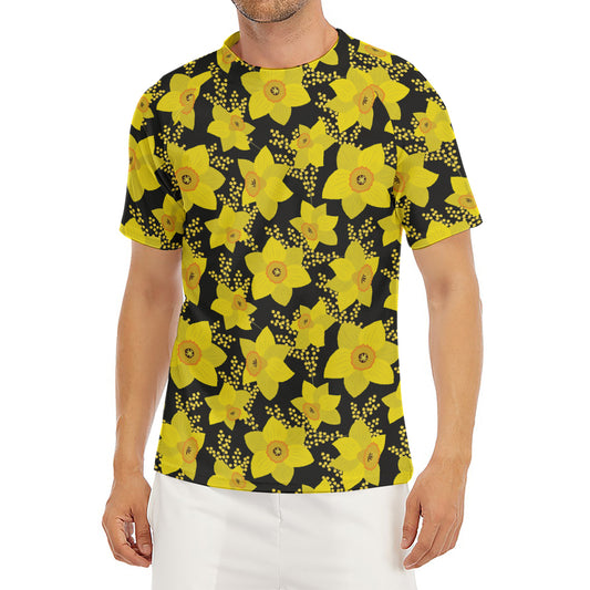Daffodil And Mimosa Pattern Print Men's Short Sleeve Rash Guard
