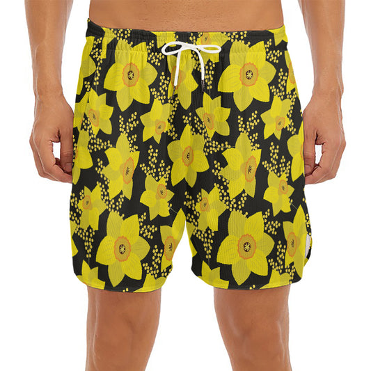 Daffodil And Mimosa Pattern Print Men's Split Running Shorts