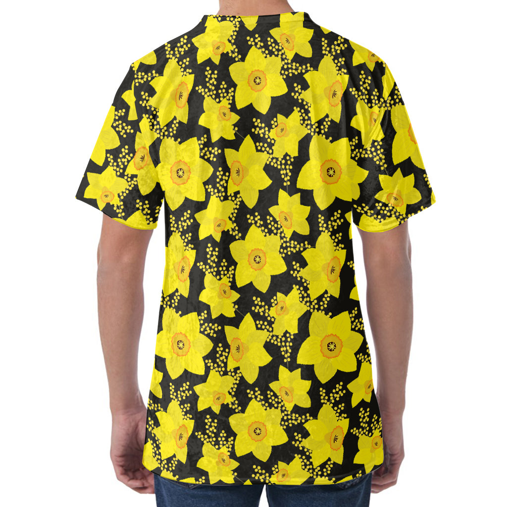 Daffodil And Mimosa Pattern Print Men's Velvet T-Shirt