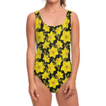 Daffodil And Mimosa Pattern Print One Piece Swimsuit