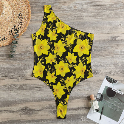 Daffodil And Mimosa Pattern Print One Shoulder Bodysuit