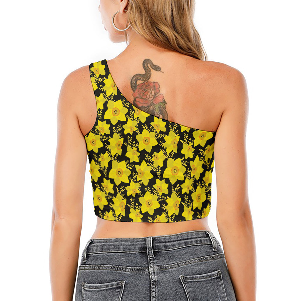 Daffodil And Mimosa Pattern Print One Shoulder Crop Top