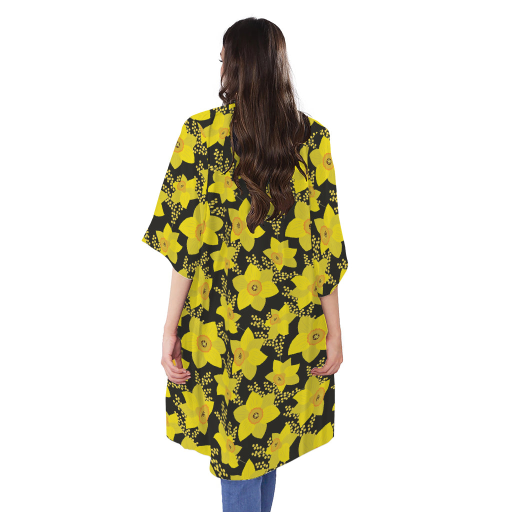 Daffodil And Mimosa Pattern Print Open Front Beach Cover Up