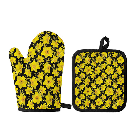 Daffodil And Mimosa Pattern Print Oven Mitt And Pot Holder Set