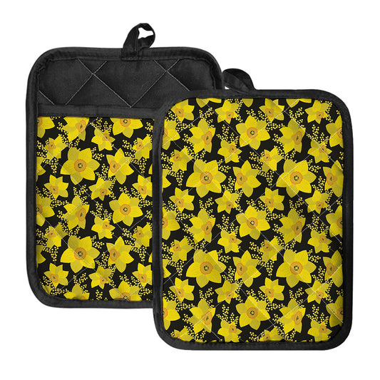 Daffodil And Mimosa Pattern Print Pot Holders With Pocket
