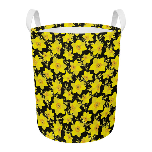 Daffodil And Mimosa Pattern Print Round Laundry Basket