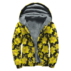 Daffodil And Mimosa Pattern Print Sherpa Lined Zip Up Hoodie